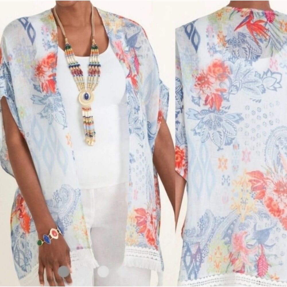 CHICO'S 100% Linen Floral/Paisley Print Fringe Hem Ruana, Kimono, Sz S/M